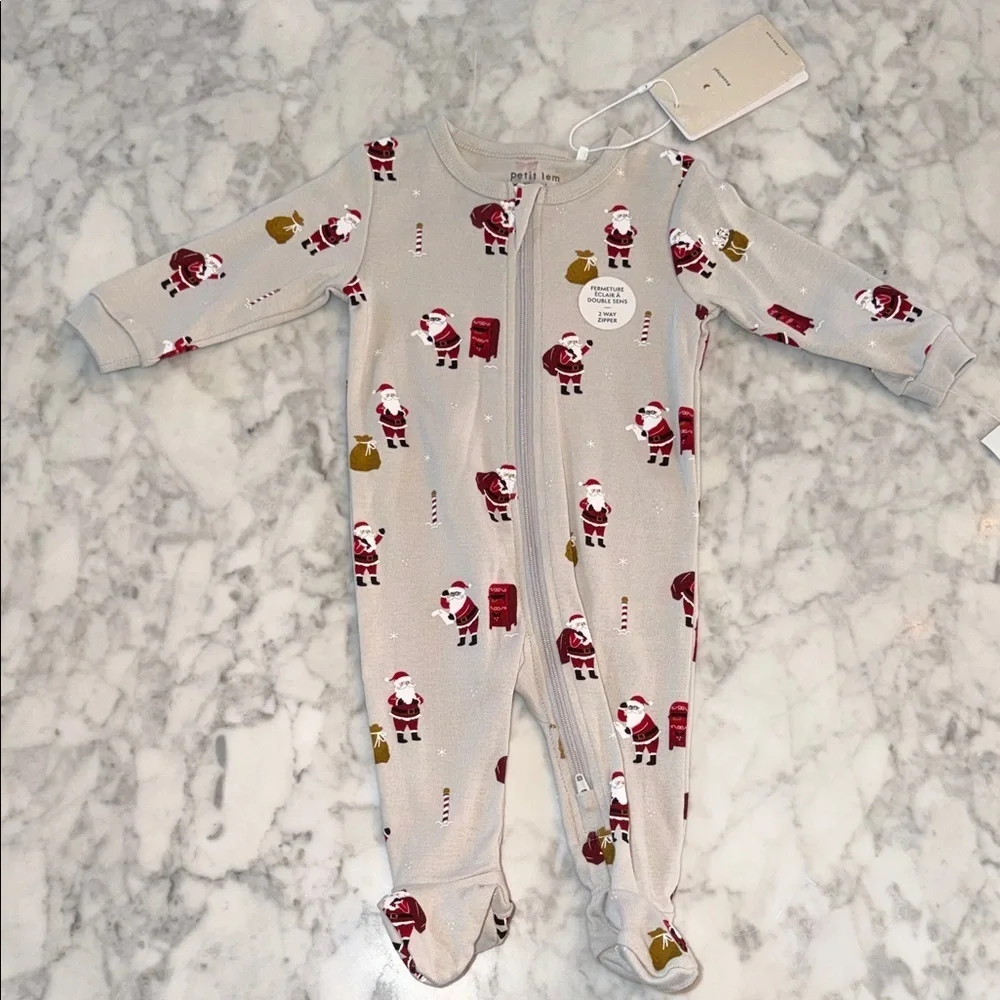 NWT Petit Lem Beige Santa Print Footie